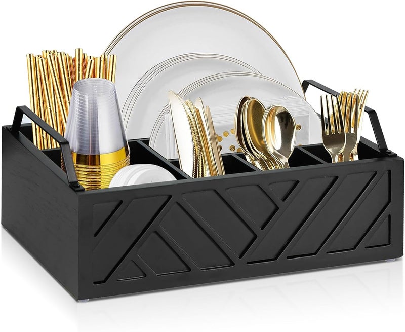 Ukonvi Paper Plate Dispenser and Holder for Kitchen Counter, Wood Rustic Silverware Utensil Caddy, Cutlery Flatware Organizer Box for Cups Spoons Forks Napkins, Kitchen Accessories (Black) - Image 1